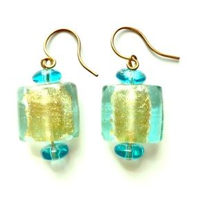 Aqua Blue & Golden Glass Earrings